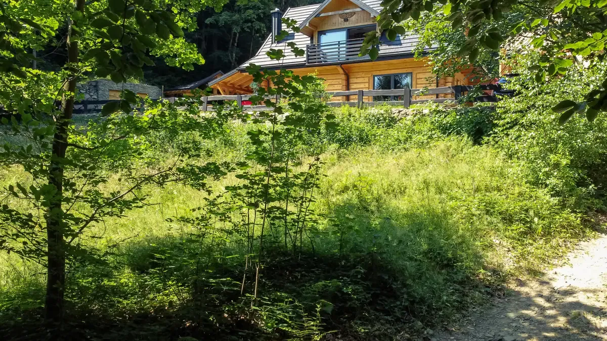 Drewniany domek w Szczyrku latem, widok przez zieleń ogrodu